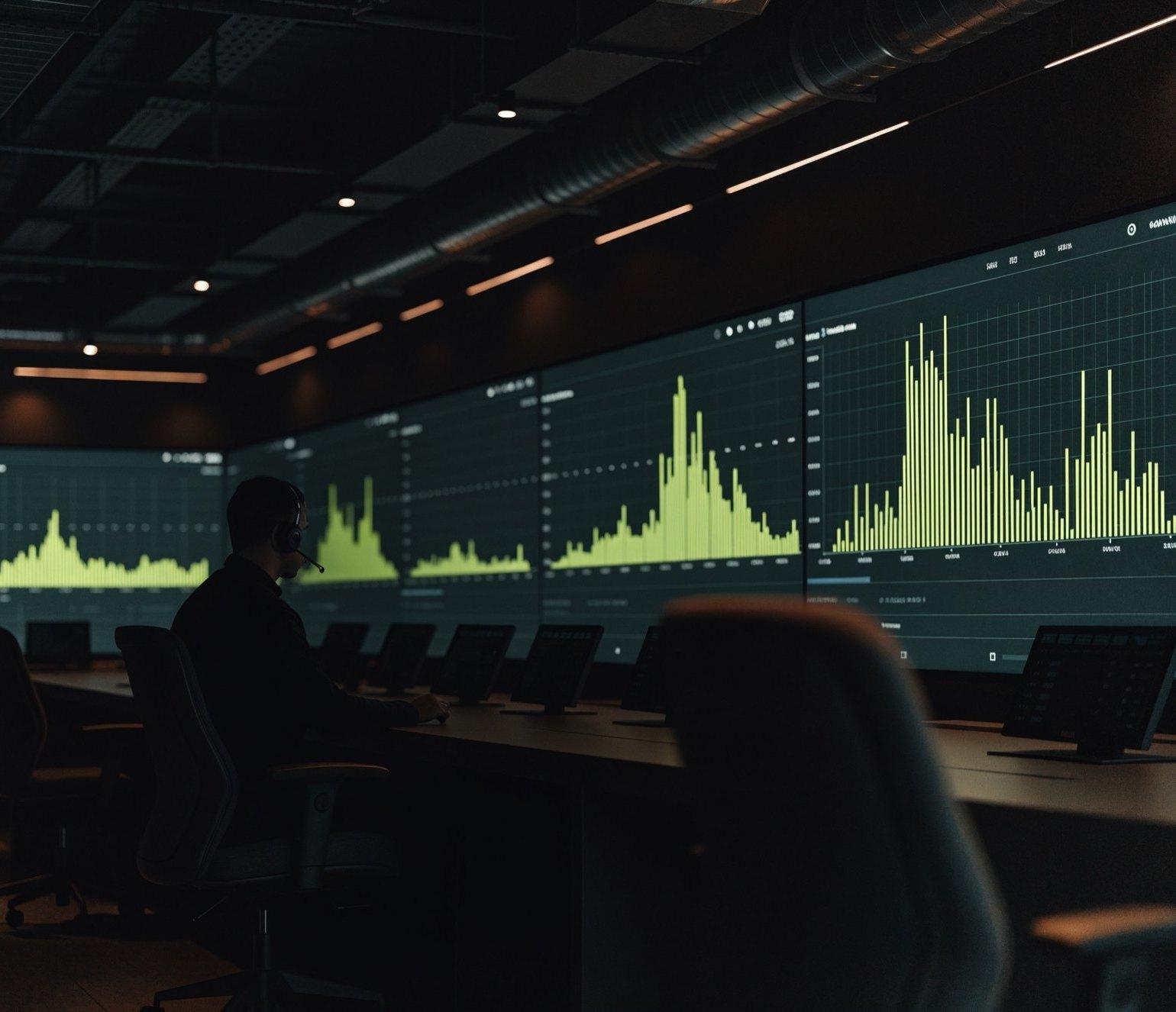 Sala de control con gráficas de generación de energía