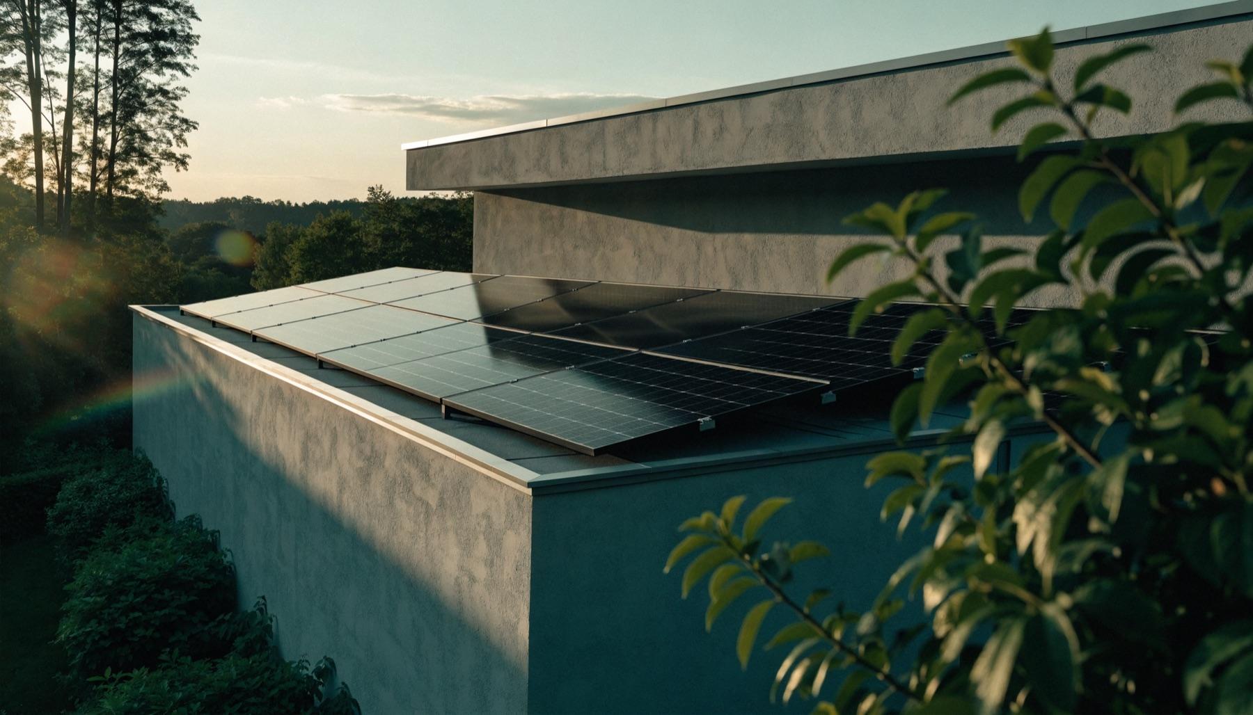 Paneles solares sobre una arquitectura limpia rodeada de vegetación